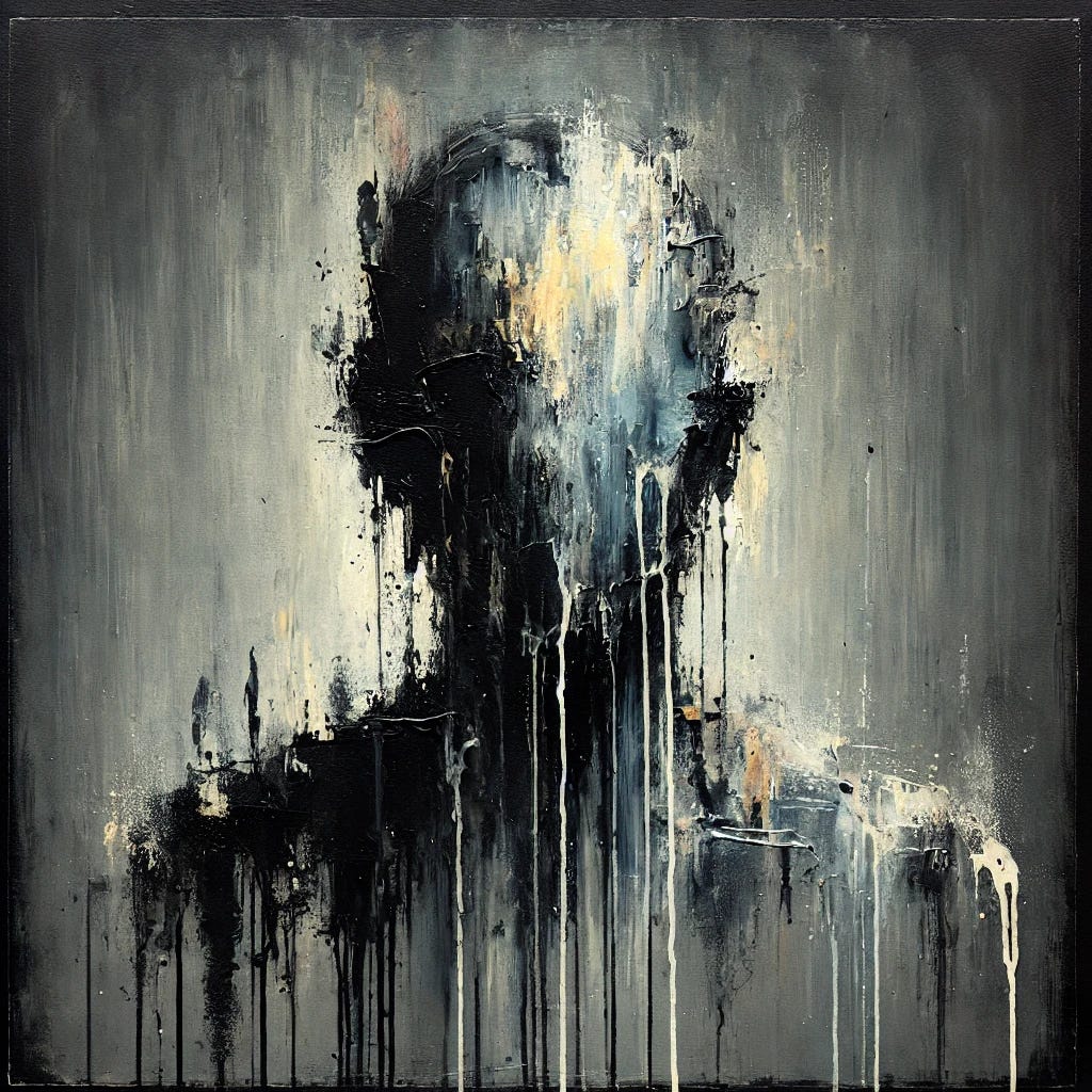 A dark, abstract painting of a faceless figure with blurred and dripping textures, using muted colors like gray, black, and subtle yellow. The figure's head and shoulders appear as an undefined form, with paint streaks and smudges blending into the dark background, evoking a sense of anonymity and melancholy. The background is stark and simple, adding contrast to the abstract shape of the figure. The style is raw and expressionistic, with visible brushstrokes and paint drips that give a feeling of decay and somber mood. Square format.