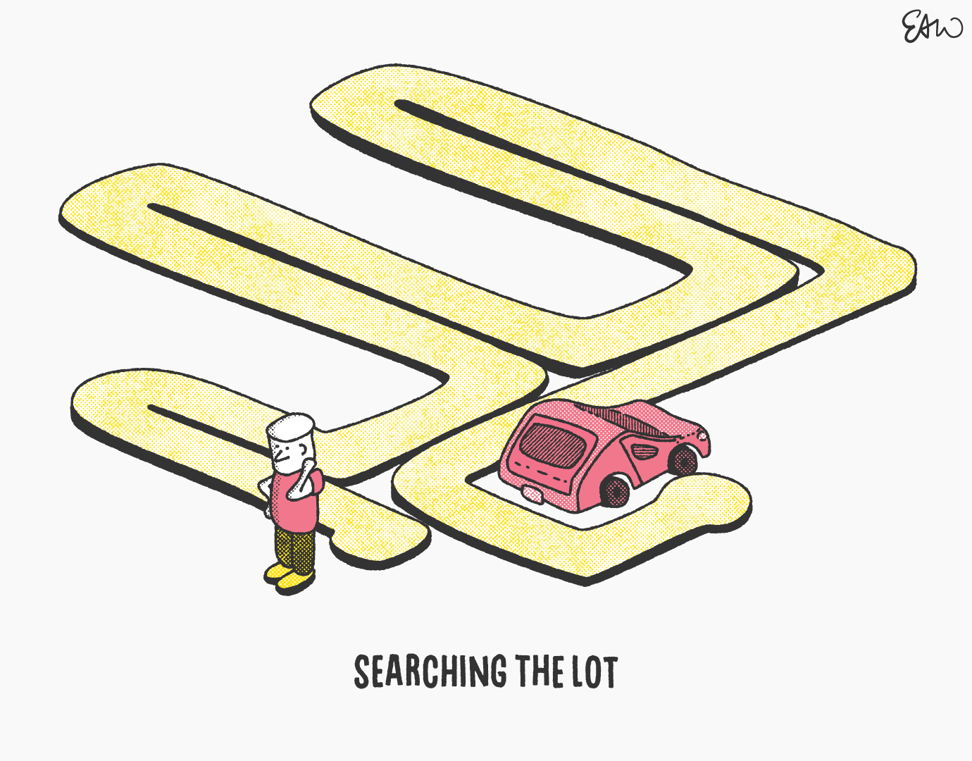 Illustration of a pathway zigzagging up and down what appear to be rows of a parking lot but no vehicles are shown except for a single car at the end of the pathway. The caption reads Searching the Lot.