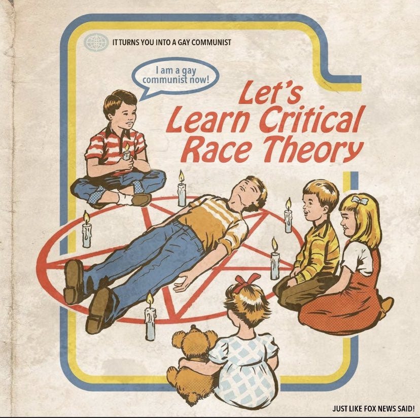 Fake childrens illustration that says "let's learn critical race theory" with children performing a Satanic ritual