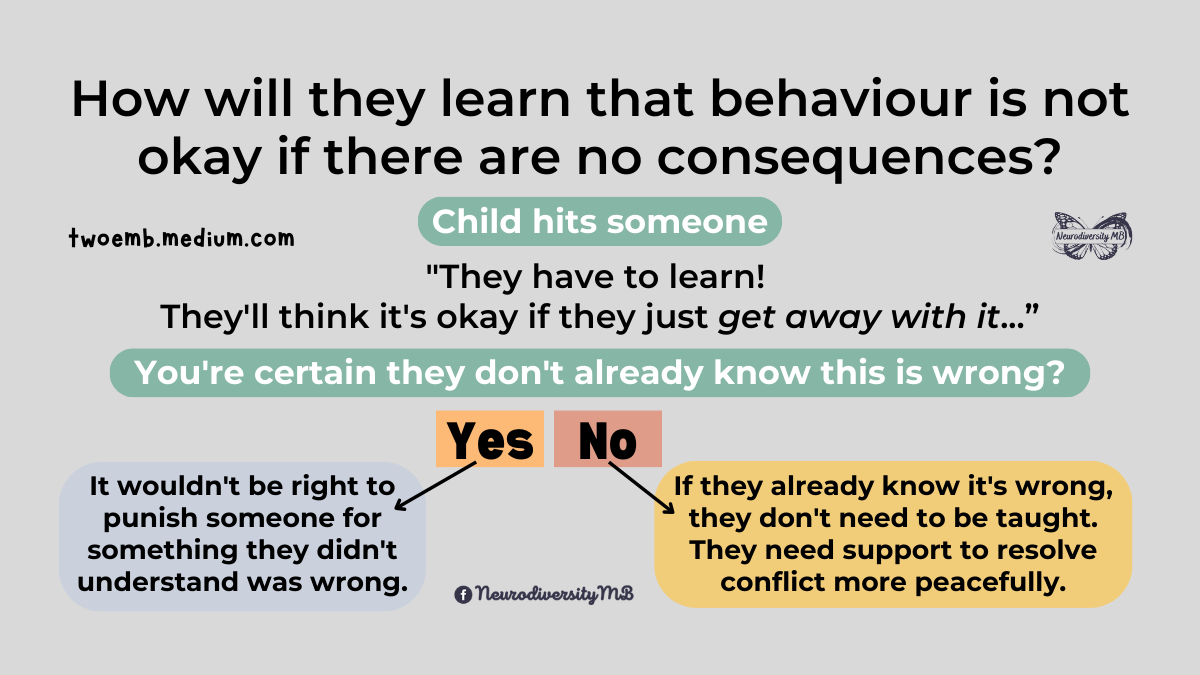 How will they learn that behaviour is not okay if there are no consequences? It wouldn’t be right to punish someone for something they didn’t understand was wrong. If they already know it’s wrong, they don’t need to be taught. They need support to resolve conflict more peacefully.