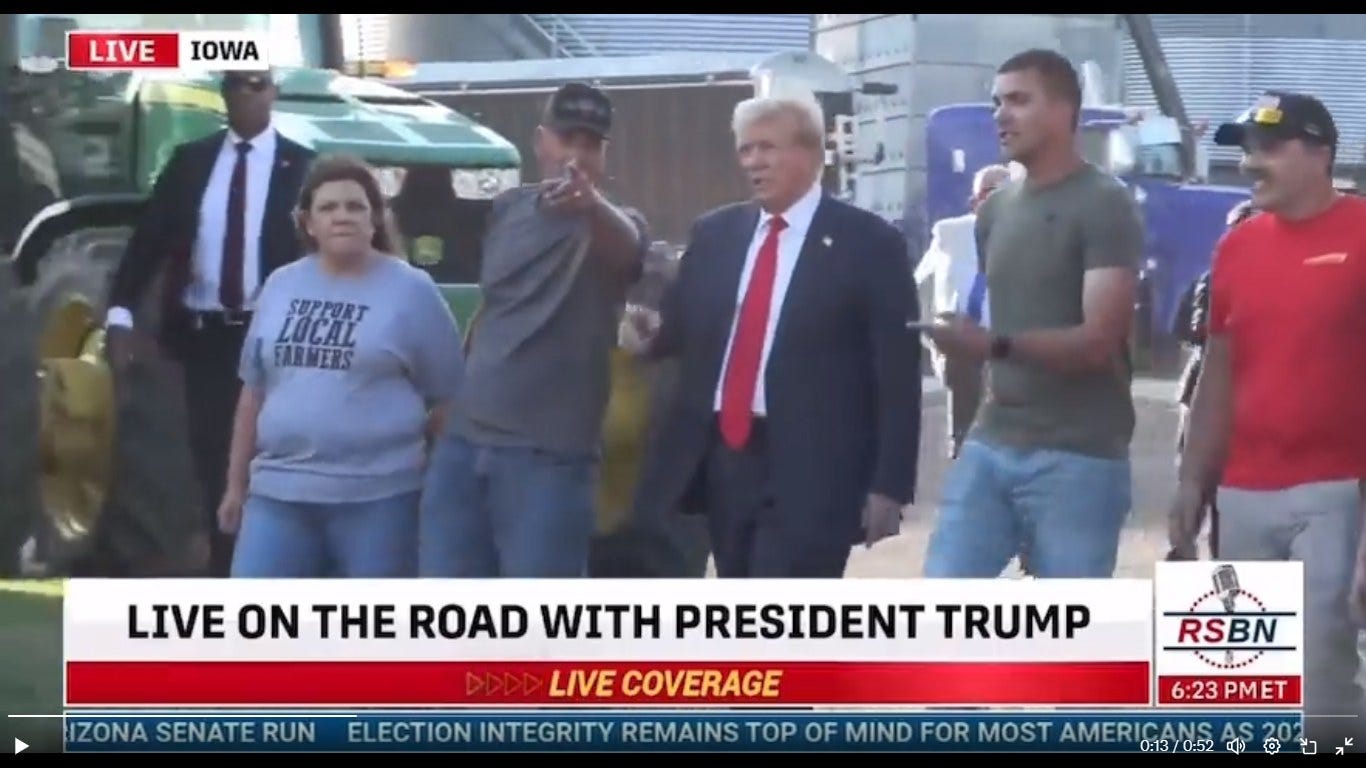 May be an image of 6 people, the Oval Office and text that says 'LIVE IOWA COCA FARMERS IZONA SENATE RUN LIVE ON THE ROAD WITH PRESIDENT TRUMP DDDD LIVE COVERAGE ELECTION INTEGRITY REMAINS TOP OF MIND FOR MOST RSBN .......... 6:23 PMET 0:13/0:52'