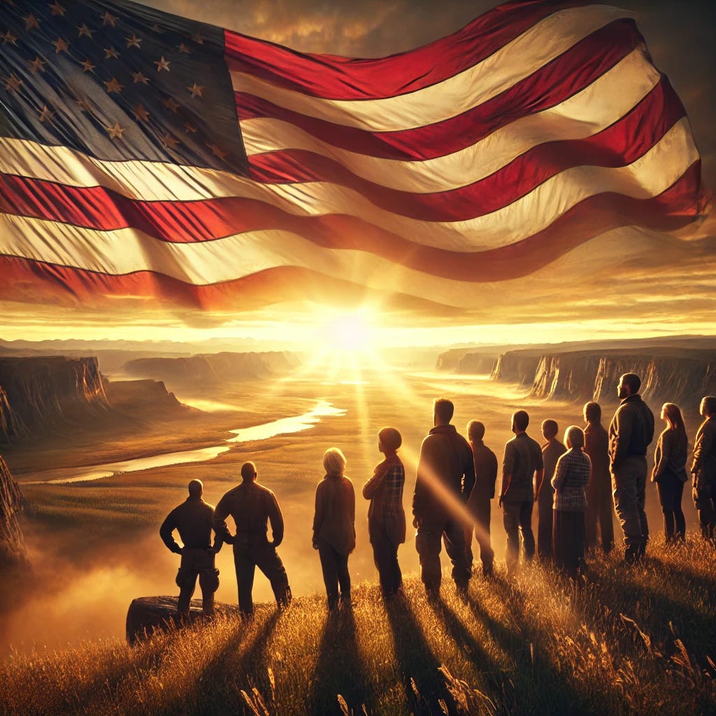 A powerful and inspiring image symbolizing unity and vigilance, showing a sunrise over a vast, majestic landscape with the American flag prominently displayed, fluttering in the wind. In the foreground, a diverse group of people, men and women, standing strong together, gazing towards the horizon with determination. The atmosphere conveys hope, resilience, and readiness for challenges, with warm golden light emphasizing optimism and strength. The setting is grand and patriotic, blending natural beauty with human resolve.