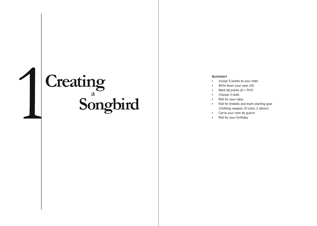 A black and white text-only version of the first chapter spread, demonstrating the visual language of the book before Snow started tweaking it.