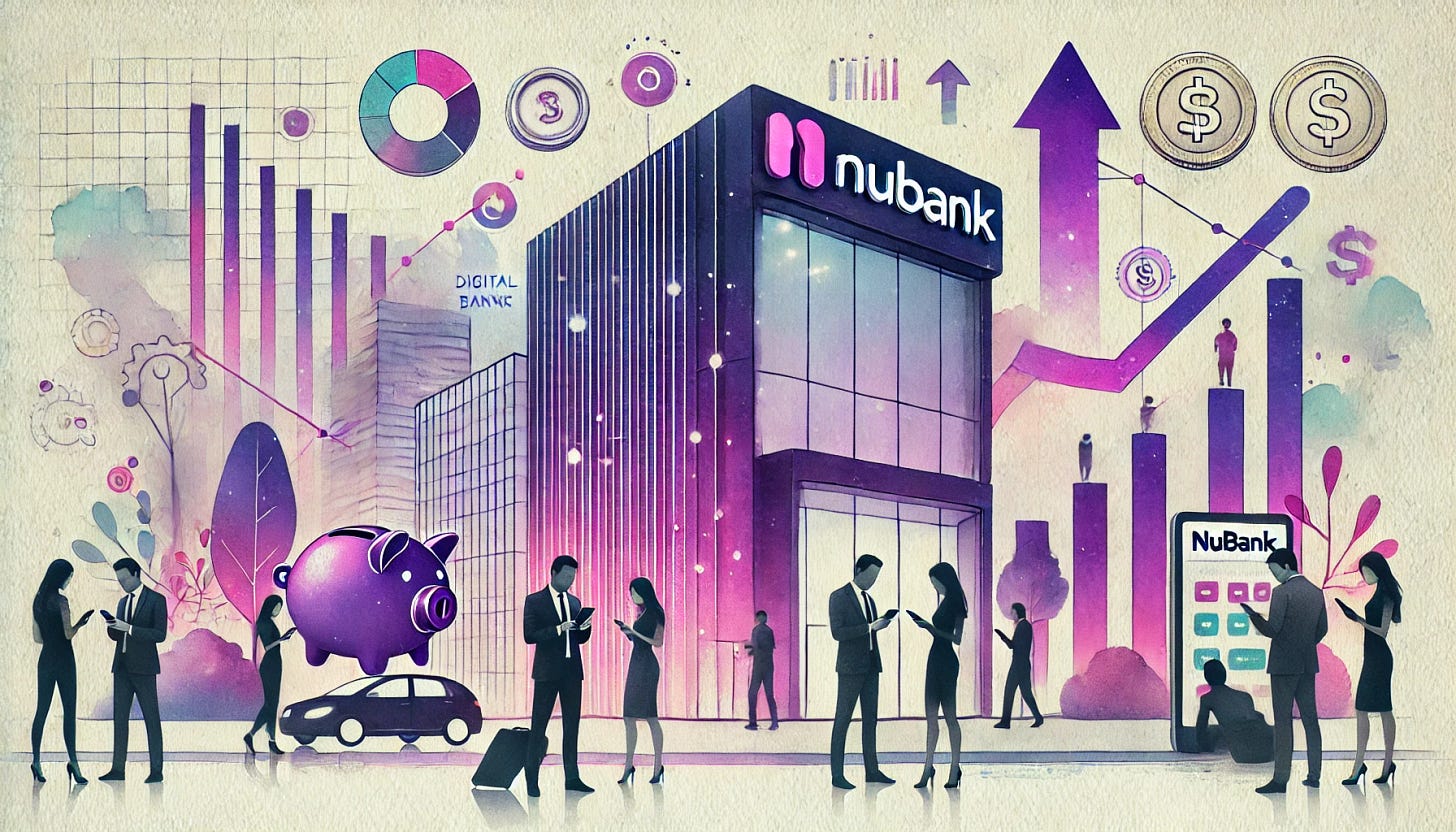 A minimalist watercolor illustration representing the digital banking success of Nubank in Latin America. The artwork features a modern, sleek digital bank building with a futuristic look, painted in brilliant purple and pink tones. In the foreground, a diverse group of people using mobile devices symbolizes fintech growth. Abstract financial charts, coins, and upward arrows blend softly in the background, emphasizing financial growth and digital expansion. The scene is set in a clean, urban environment, with subtle watercolor gradients adding depth and vibrancy.