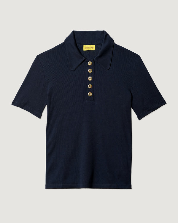 Ribbed Merino Polo 01 - Luxurious, Durable Hiking Shirt - Woad