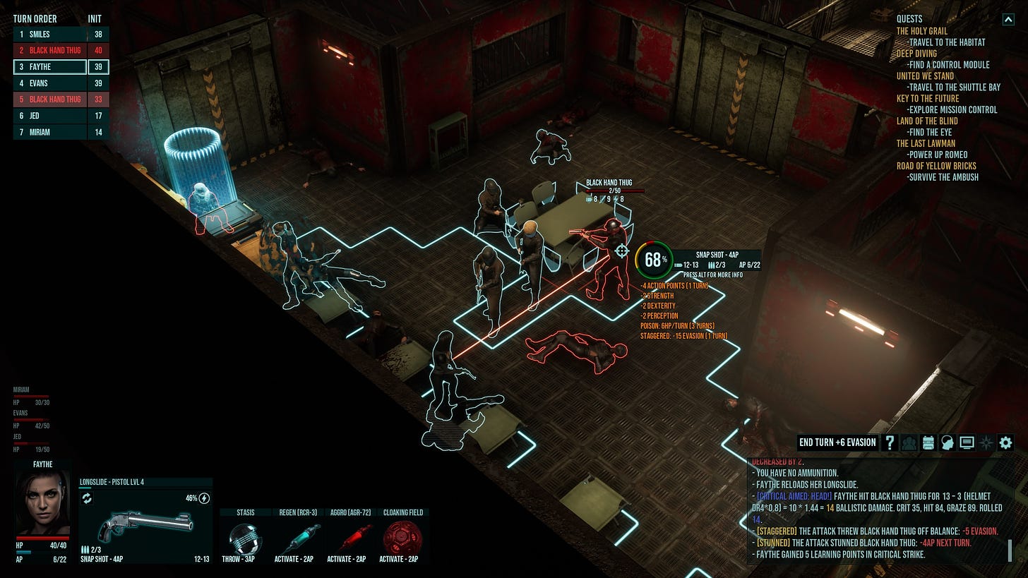 A screenshot of the game Colony Ship: A Post-Earth Role Playing Game, showing the turn-based combat at the last stages of a firefight to save the NPC called Smiles.
