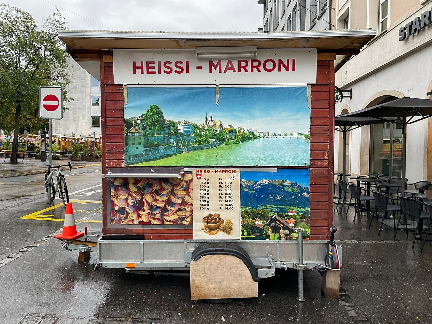 Heissi Marroni. Chestnut vendor cart, closed for the evening