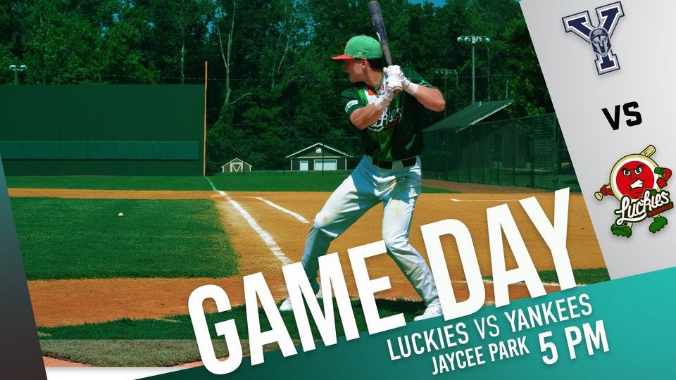 May be an image of 1 person, playing baseball and text that says '6O0 X VS GAMEDAY Luchues 1 GAME LUCKIES JAYCEE PARK 5 VS DAY YANKEES PM'