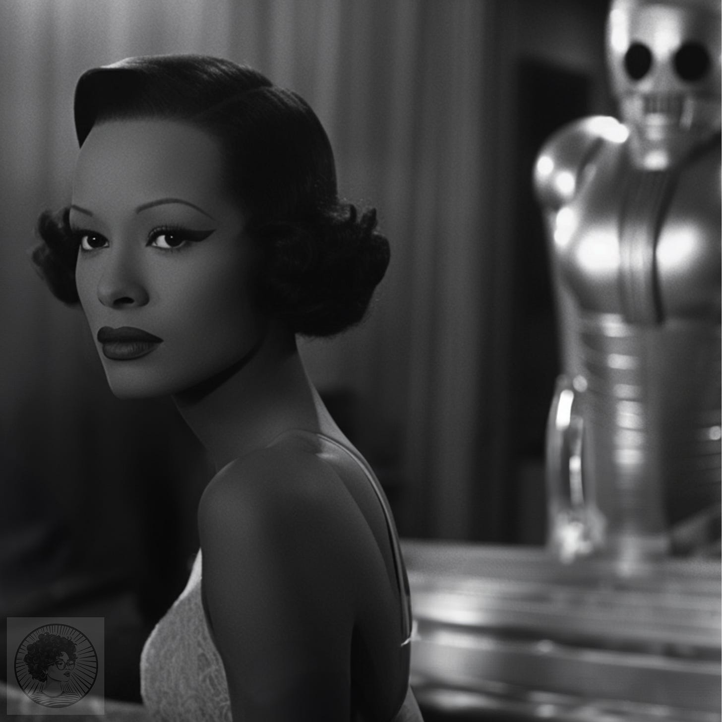 black-and-white photograph of a black woman, menaced by robot in background, 1920s dress, in the style of film noir