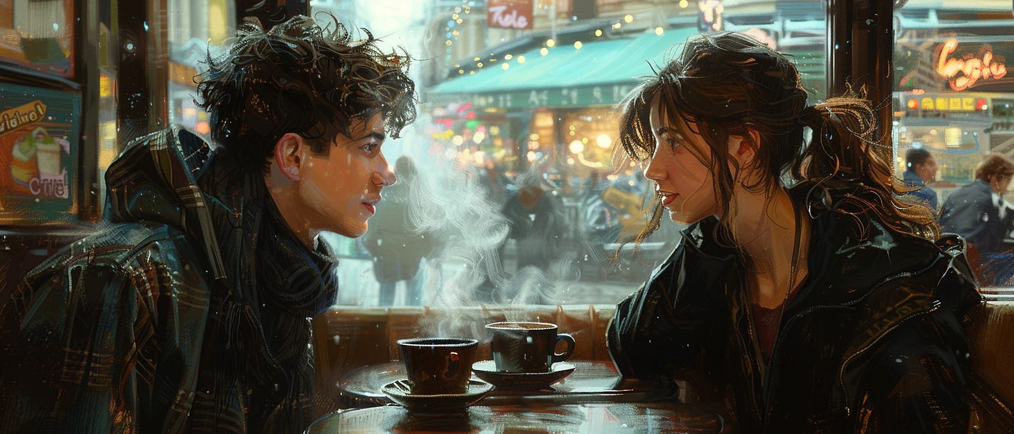 A couple sits across from each other in a cozy cafe, steaming cups of coffee between them, with a lively street scene visible through the window behind them.