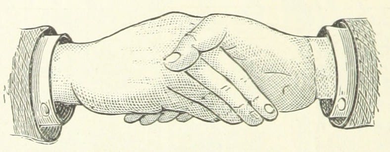 Vintage black-and-white illustration close-up of two hands grasped together in a handshake.