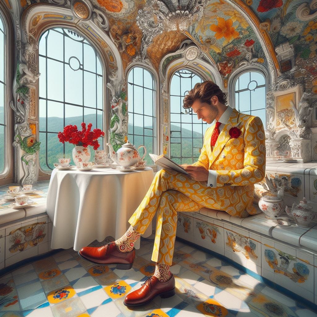 Hyper realistic; tilt shift;Heroic man in Yellow and cream Primrose print suit with redbrown itallian shoes. He is reading a book by a window. Fine bone china white withgreen dragons, tea set on the table. ivory table cloth with red cherries. with coral Quatrefoil: silver metal Gothic Tracery: Louver gold and opal decorative ceiling tiles. Hundertwasserhaus, Vienna, Austria:  ..Vast distance.  resin sun . Radiant.Ethereal