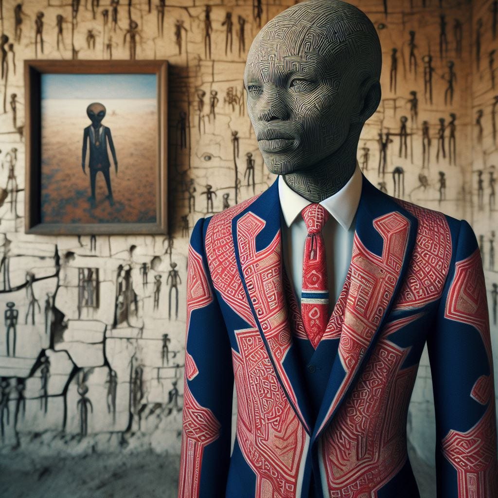 hyper realistic ;tiltshift; man in a suit covered in buitre patter red on cobalt blue suit with a cream tie with a mono pattern embroidered on it. painting by alexander ross on wall in background. Wall made of concrete with alien symbology carved into it. Cracks in wall with tiny flowers growing through.Architecture africaine.Hausa people architecture in Northern Nigeria,Tubali 