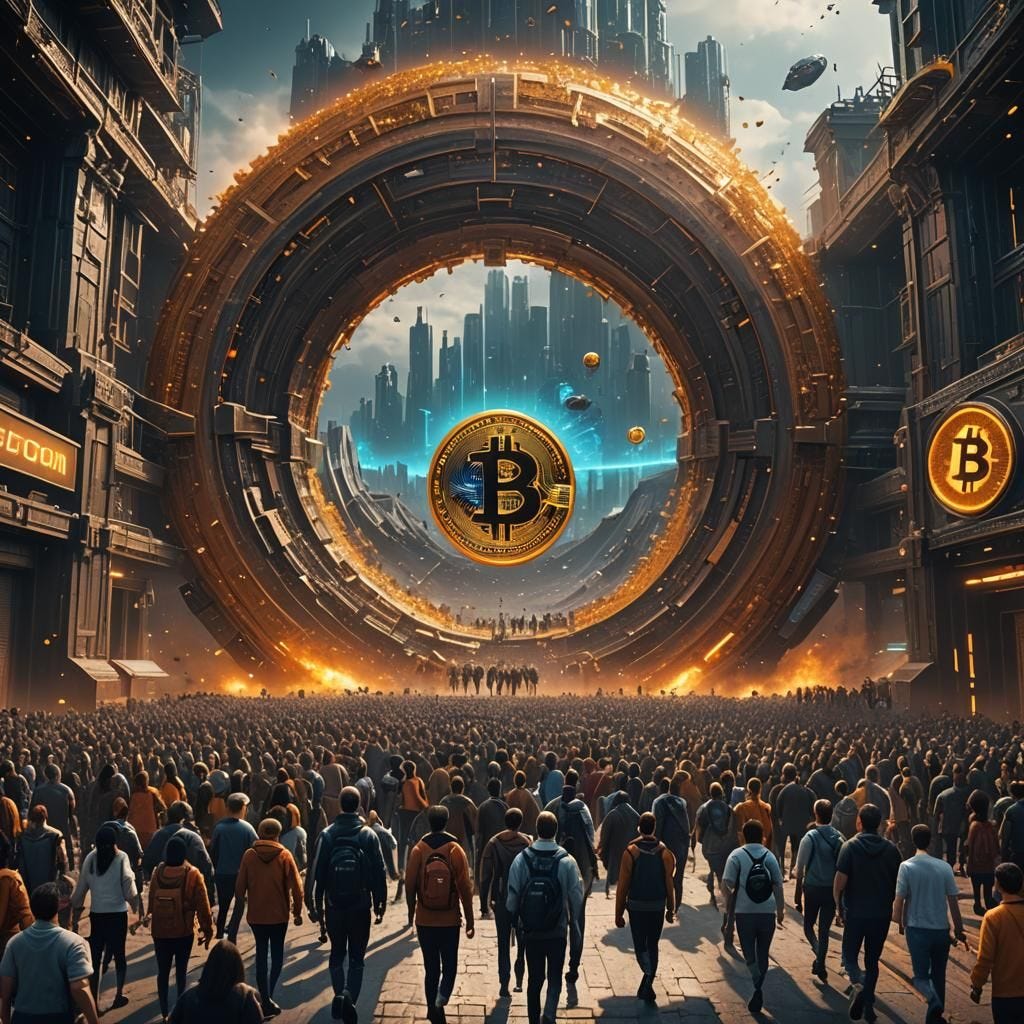 a huge crowd of people running to a science fiction portal gate with a Bitcoin sign