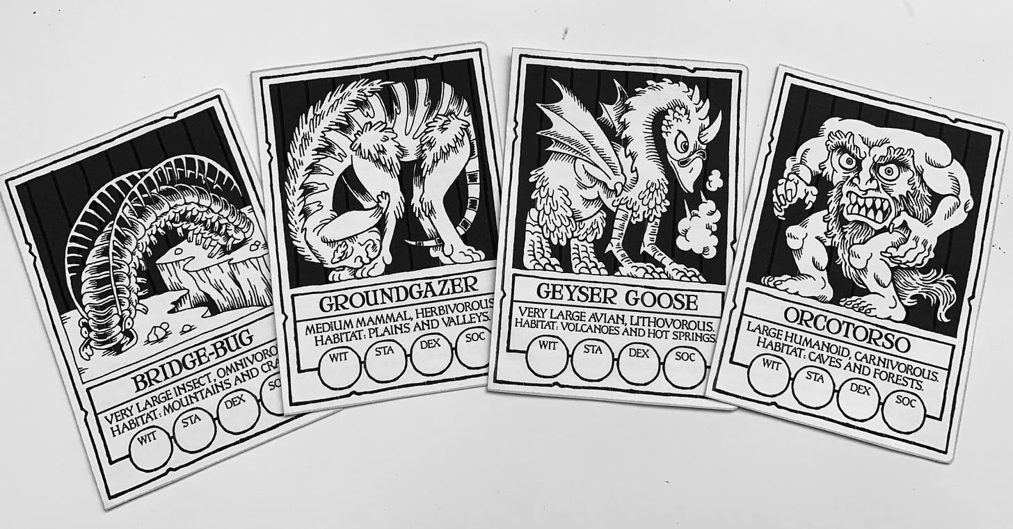 Black and white photo of four prototype bestiary cards, all traditionally hand illustrated with fantastical creatures and brief text descriptions.