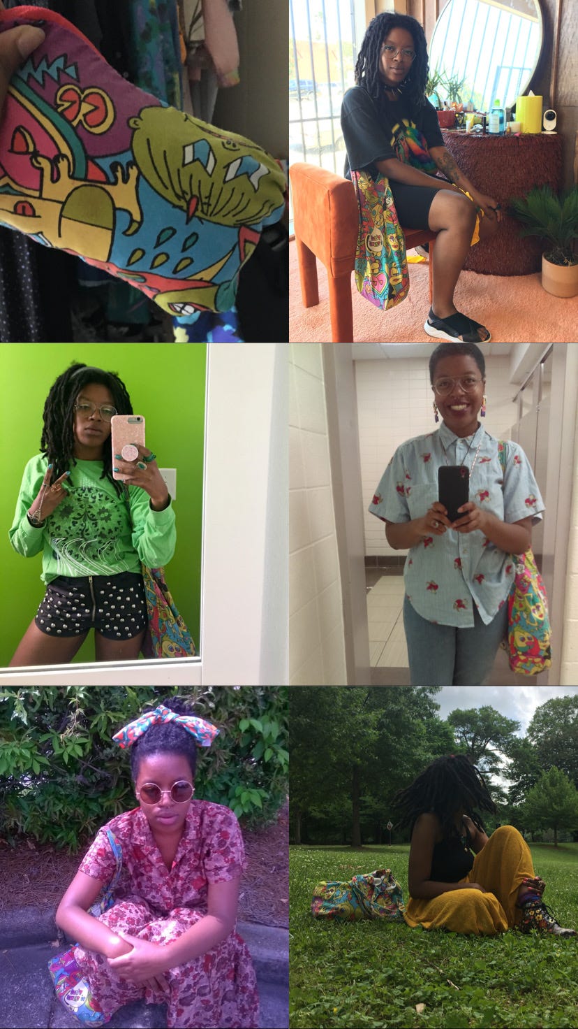 6 images featuring the colorful bag in question. the top left image is the bag in its pouch state. the other 5 images are various eclectic outfits with the bag included.