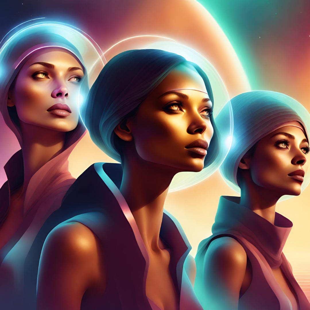 Three women with halo type hats looking like they're from the future