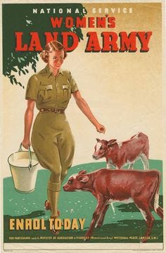 This may contain: a woman in uniform is holding a bucket and milking two cows with the caption national service women's land army
