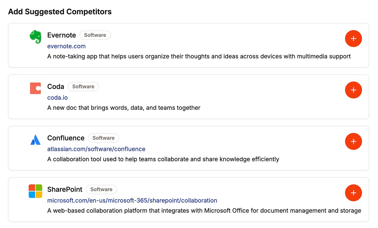 Screenshot showing a list of competitors to select from