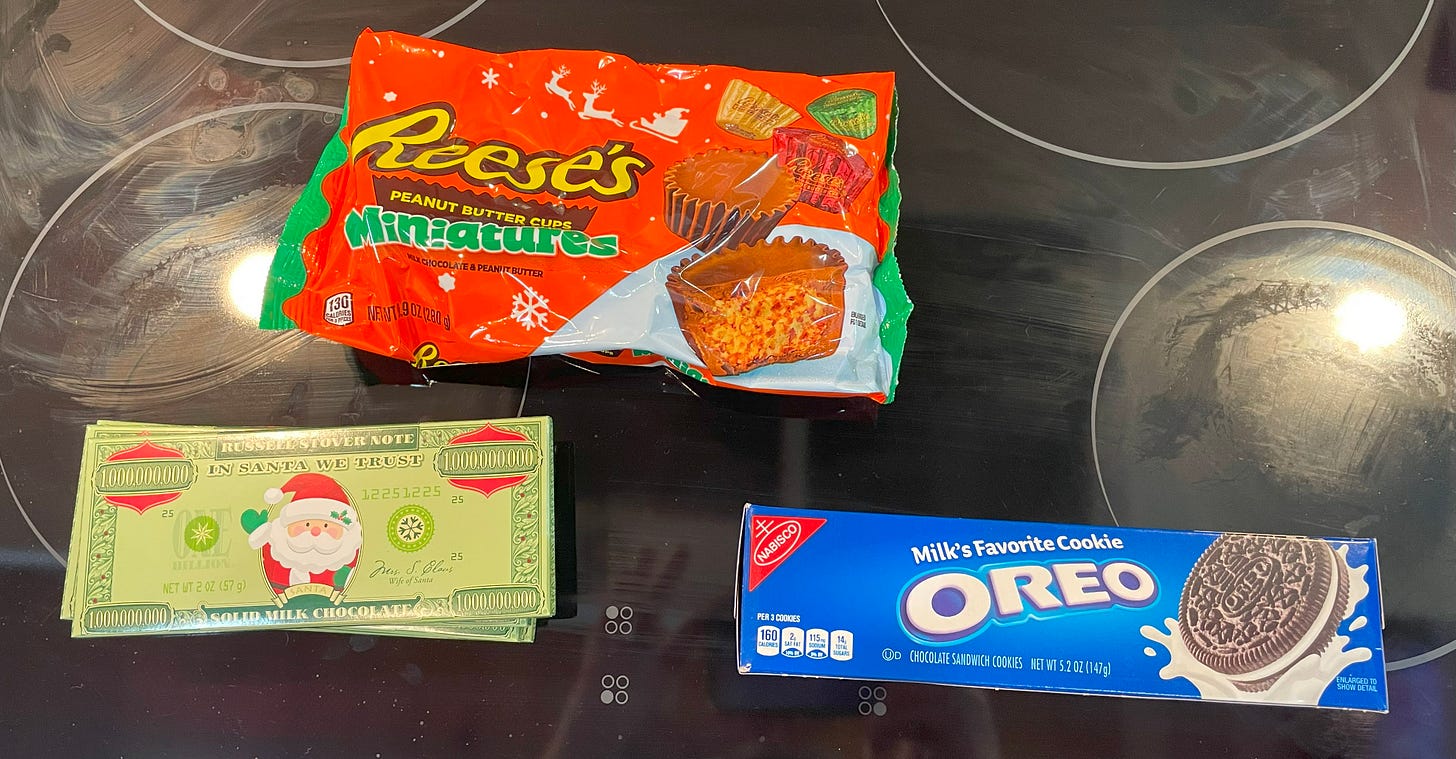 Chocolate bars, Oreos, and Mini Reese's Chocolate bars, Oreos, and Mini Reese's