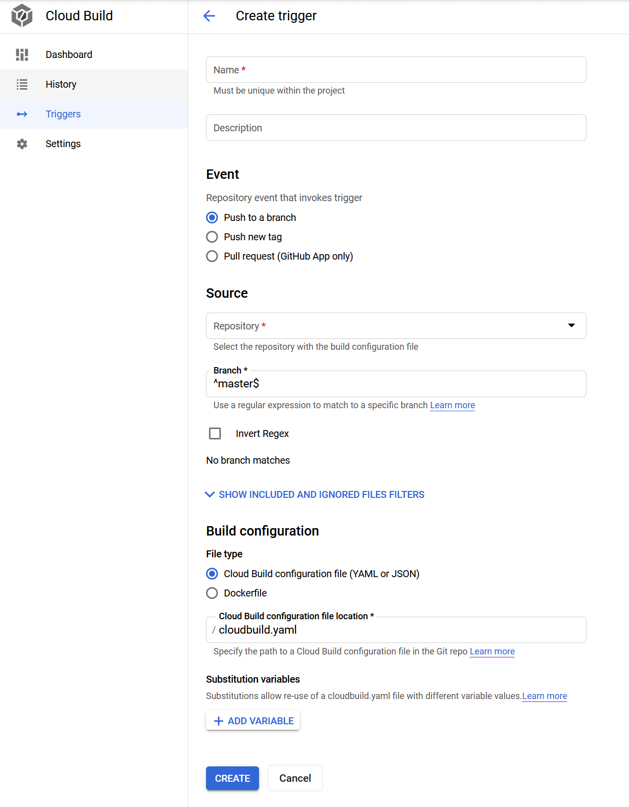 Screenshot of the pick trigger page on Google Cloud