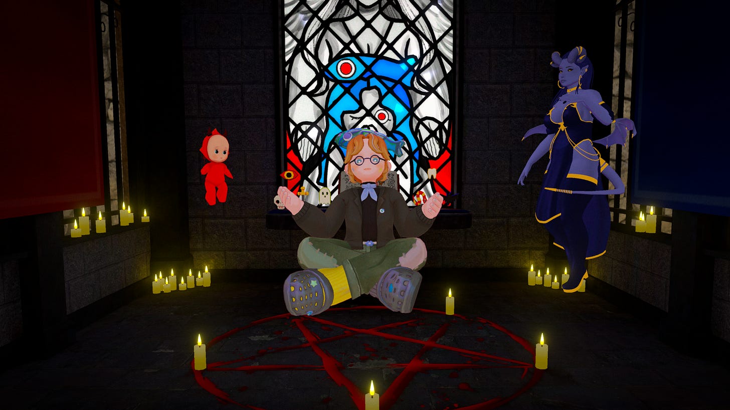 Bonito sits cross-legged near a pentagram surrounded by candles. There is a devil baby avatar, a demon lady avatar, and in the background is stained glass.