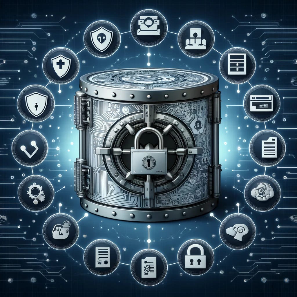 A secure data vault with a lock symbol, surrounded by icons representing various forms of sensitive data such as personal identification, financial information, medical records, and legal documents. The vault is digitally rendered with binary code and circuit patterns, symbolizing cybersecurity. The background features a shield and padlock icons, emphasizing protection and privacy in a digital environment.