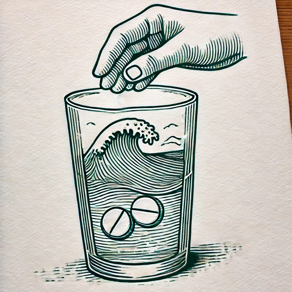 A line drawing of a glass of water that contains the ocean inside it. The ocean should have waves and a small portion of the horizon visible. A hand, proportionately sized relative to the glass, is shown above it, dropping two round tablets like antacid tablets into the ocean. The overall style should be clean and minimalistic, focusing on the outlines and essential details. The background color should be white, and the ink color should be dark green.