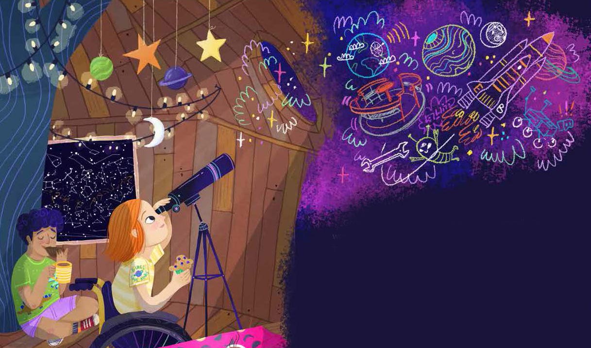 Two children can be seen in a cozy, wood-paneled room that looks like an attic or converted room. The child on the left sits and enjoys a drink and a biscuit, while the child on the right looks up at the night sky through a telescope. The room is decorated with hanging models of planets and stars. A panel of constellations is also visible. The right side of the picture opens into a cosmic space with vivid, childishly drawn representations of planets, stars, a spaceship and an astronaut that appear like children's drawings with chalk. The scene exudes an atmosphere of curiosity and wonder about the universe, in keeping with the theme of space and children's activities.