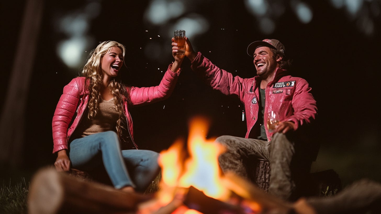 A woman and man laughing, raising glasses near a bonfire with stars visible overhead --sref 933668742 --ar 16:9 --v 6.1