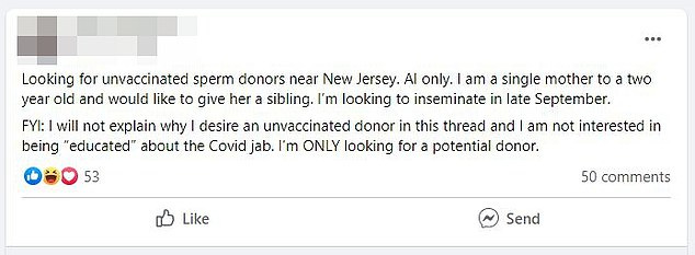 A woman posted in the Sperm Donation USA Facebook group in July 2021 looking for unvaccinated sperm donors. 'AI' refers to artificial insemination, which involves a donor providing his sperm in a cup or shipping it to a recipient