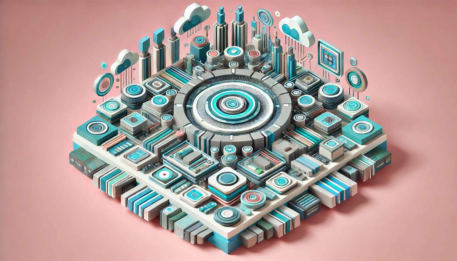 A catchy and visually appealing 3D illustration inspired by the uploaded image. The scene features a modern, abstract design with a central, futuristic structure surrounded by neatly arranged elements symbolizing technology and innovation. Use a vibrant color palette with a mix of blues, greens, and neutral tones. Avoid excessive use of pink. The overall aesthetic should be clean and sleek, with a focus on symmetry and balance to draw attention. The image should convey themes of technology, design, and modernity.