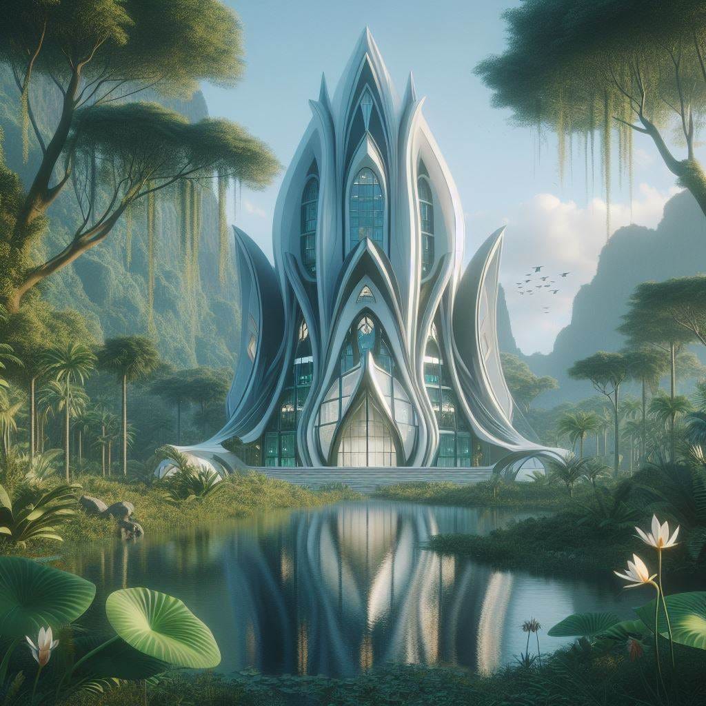 neofuturist art nouveau scifi elven minimalist space colony architecture in jungle