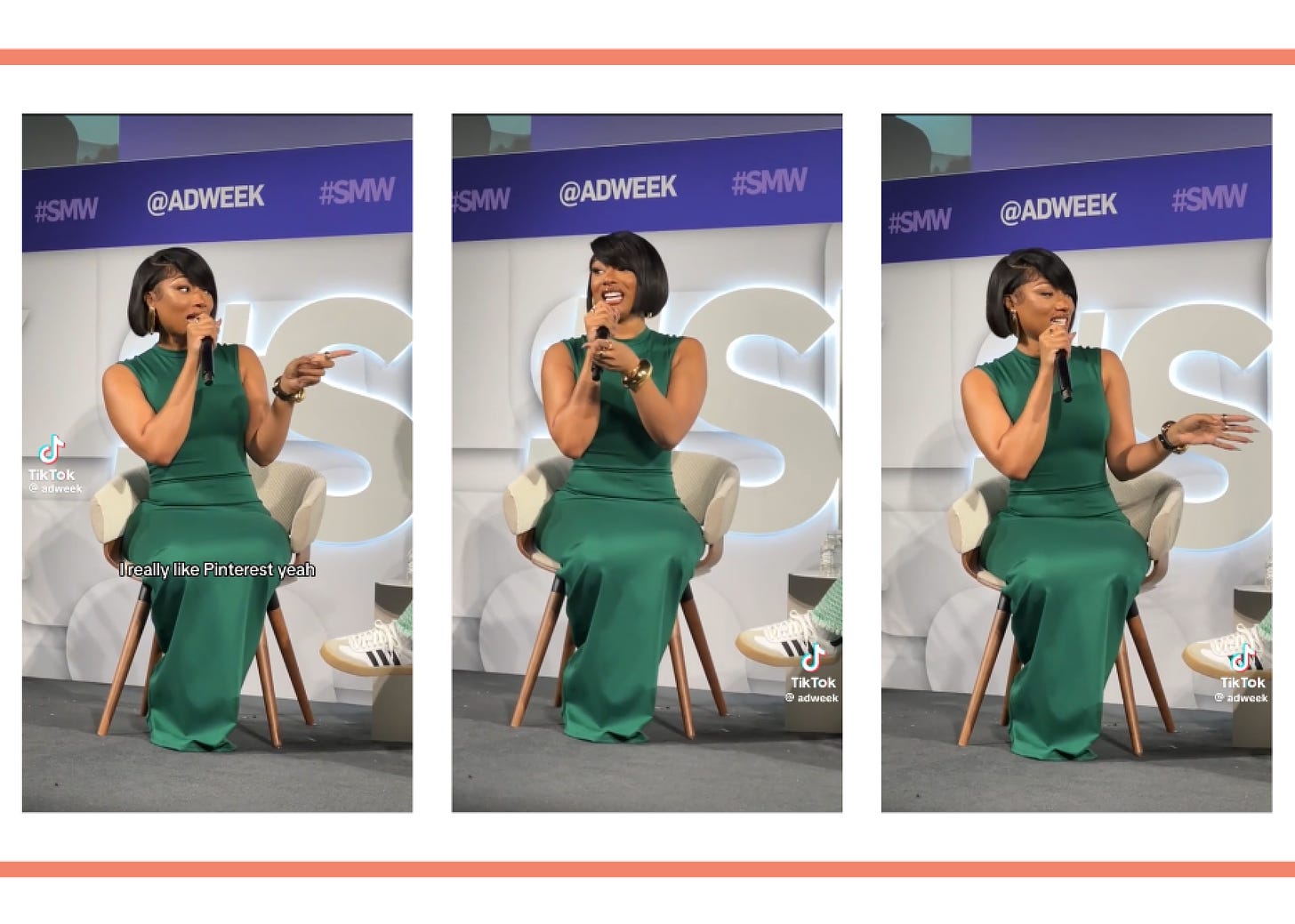 TikTok screenshots of Megan Thee Stallion in a green dress being interviewed at Social Media Week. Text says "I really like Pinterest year"