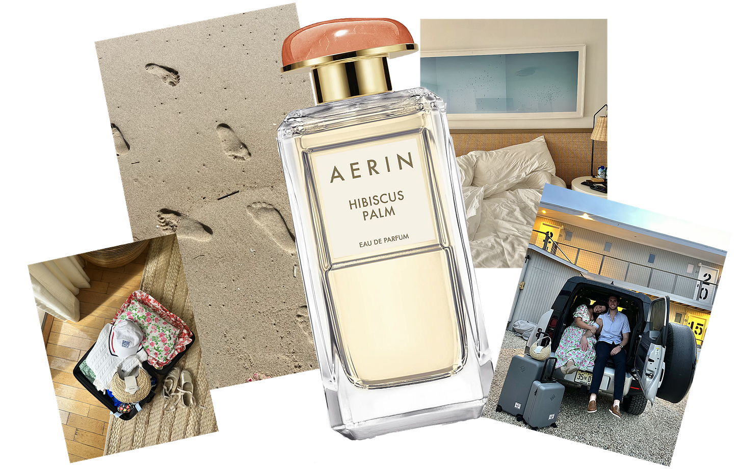 Image of Aerin's Hibiscus Palm fragrance, along with snapshots from Montauk