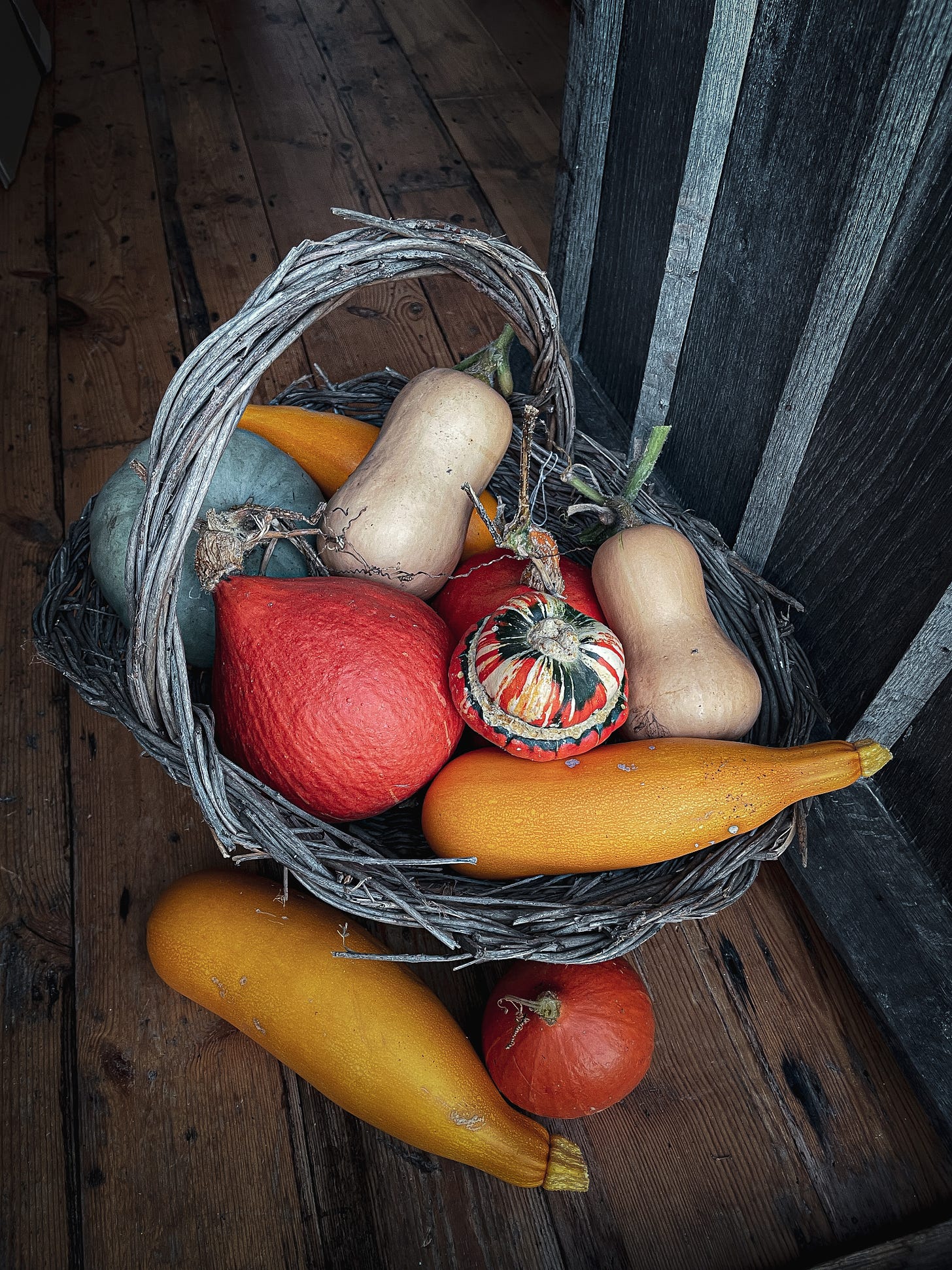 A basket full of small squash on a wood floor.