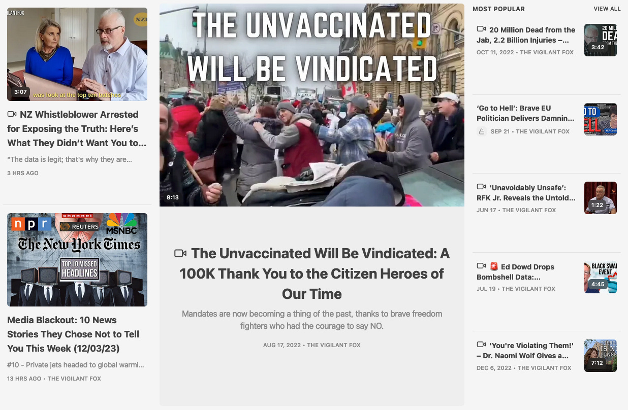 A screenshot of Substack author The Vigilant Fox's front page, featuring a headline article entitled "The unvaccinated will be vindicated"