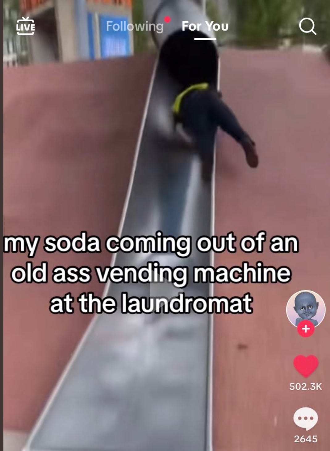 TikTok screenshot of the officer flying out of the slide with text over it that says "my soda coming out of an old ass vending machine at the laundromat"