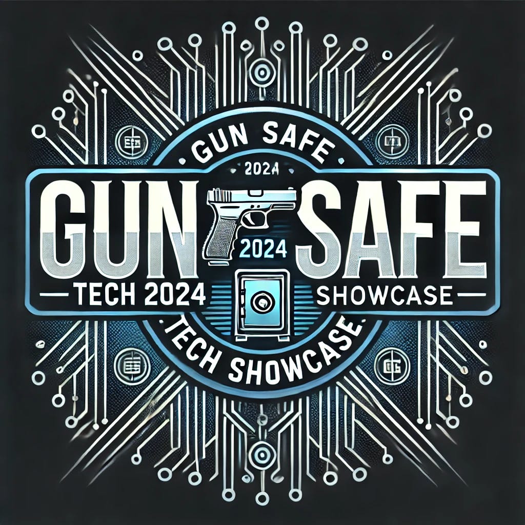 Design a logo for 'GUN SAFE TECH 2024 SHOWCASE' resembling a tech conference banner. The logo should feature modern, sleek typography with the words 'GUN SAFE TECH 2024 SHOWCASE' prominently displayed. Include technological elements like circuit patterns or digital motifs, and incorporate a stylized image of a safe and a gun to symbolize the focus of the conference. The color scheme should be professional and futuristic, using shades of blue, black, and silver.