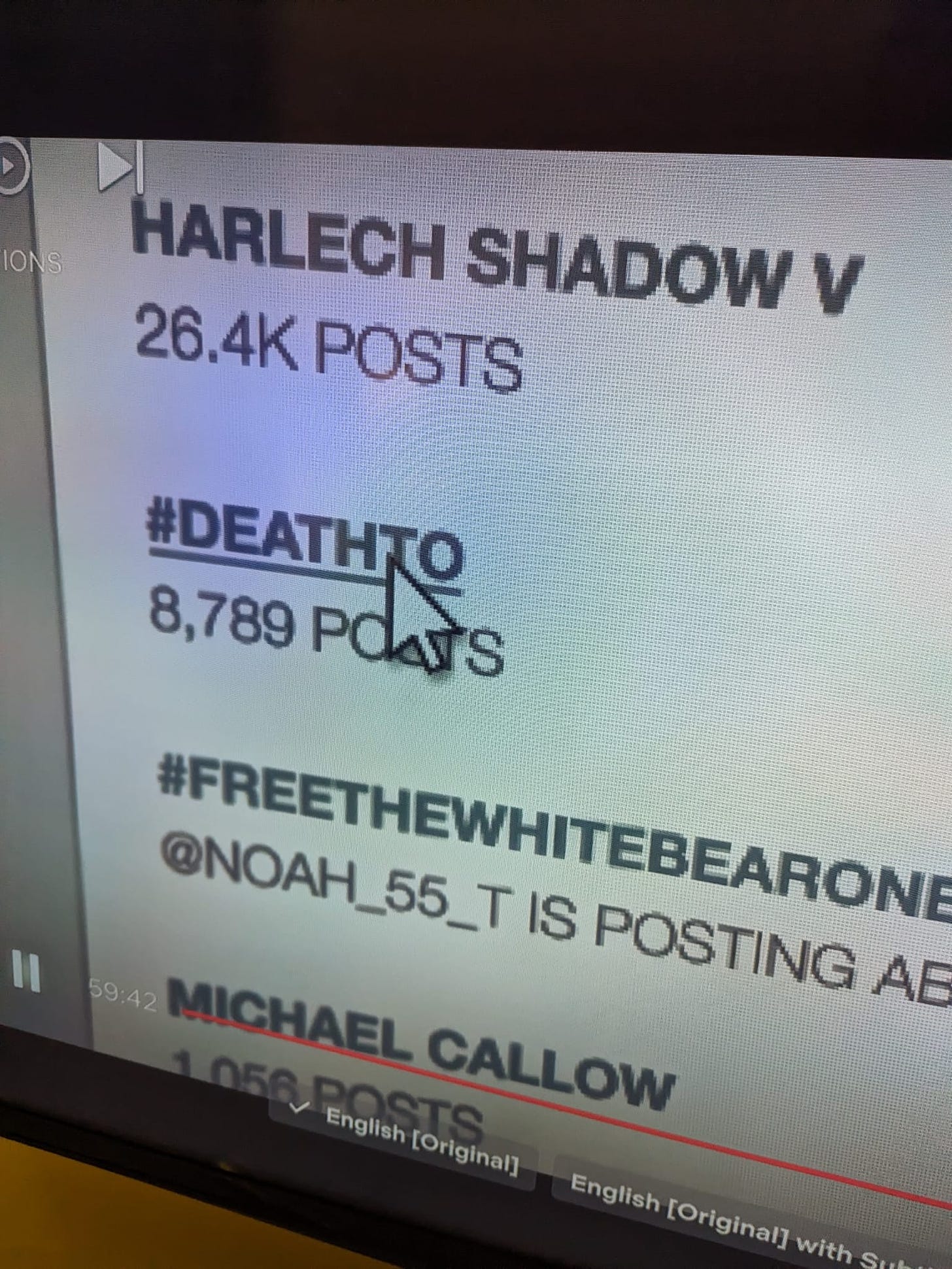 A photo of a trending page. Harlech Shadov V 26.4K posts #DeathTo 8,789 posts #FreeTheWhiteBearOne ANoah_55_T is posting Michael Callow 1,056 posts