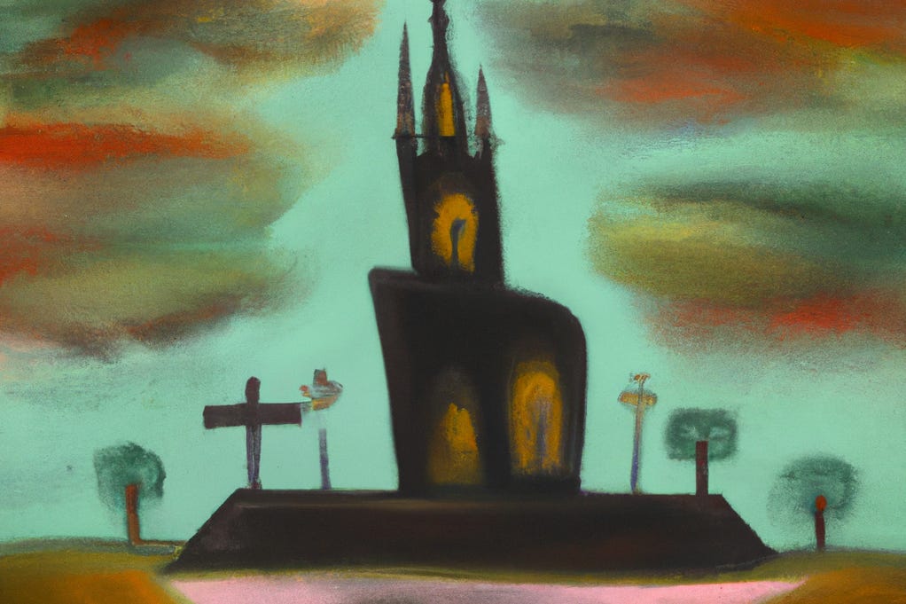 surrealist painting of a church via Dall-E