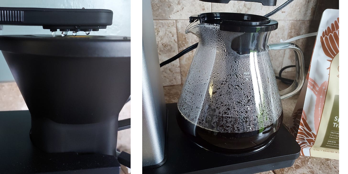 Water drains down from a the coffee brewer showerhead into a filter basket. Right: Brewed coffee drips into a glass carafe. Condensation has built up inside the glass.