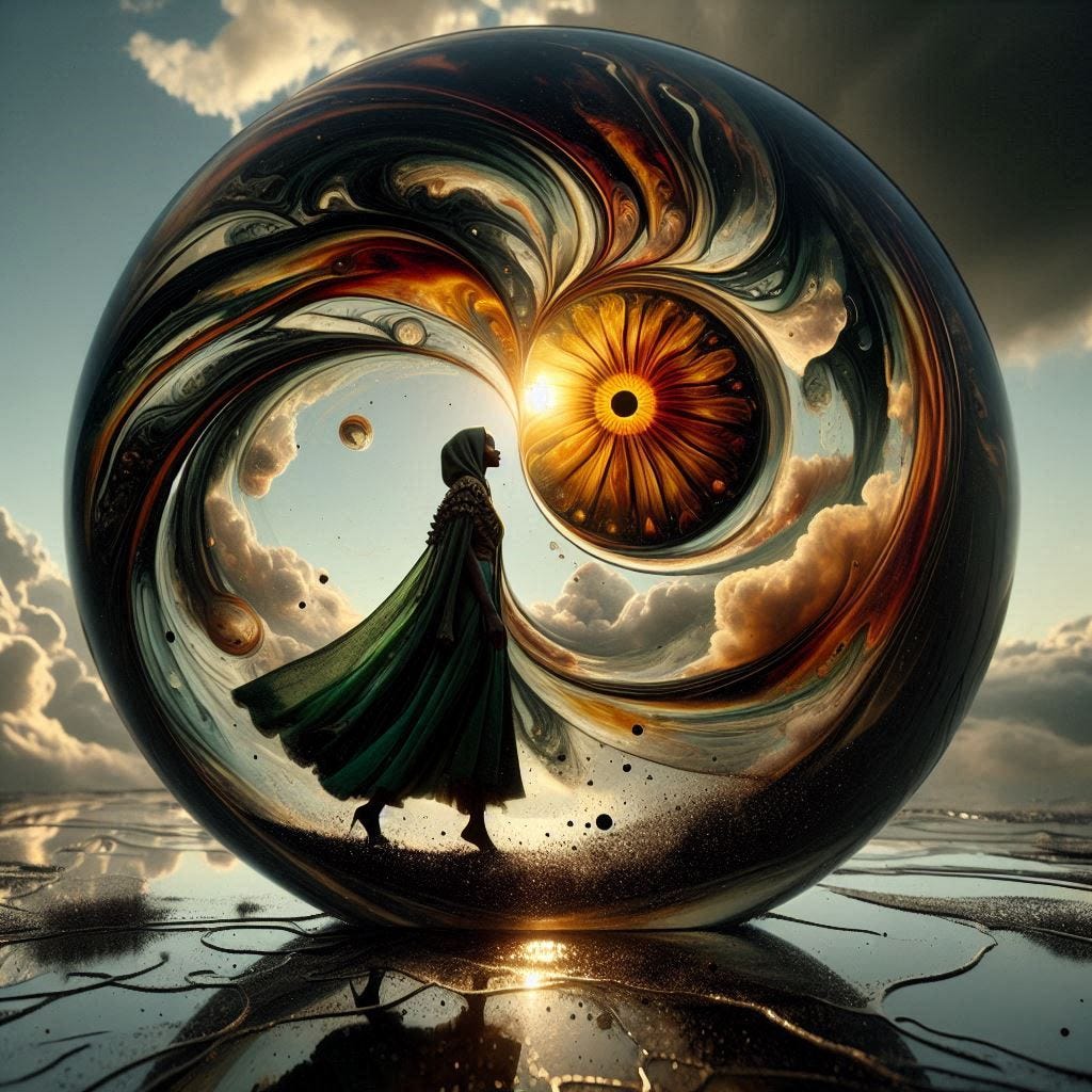 resin sun inside glass; tiltshift /flying at angles/ 8d angled glass embedded /beautiful, Malian woman leaning into camera/ velvet green, cream, black silk/ black leather boots. water in resin/ ; she is at Monks mound at Cahokia / amber cream,tsunami full of fire/ reverberating waves. black hole in floor/ water in resin verdigris/ In the style of Michael Parkes. black etching/ black linework/ daytime sky/fluffy clouds 