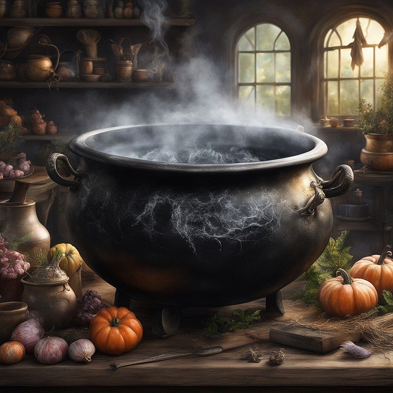 Cauldron in a cluttered kitchen surrounded by pumpkins