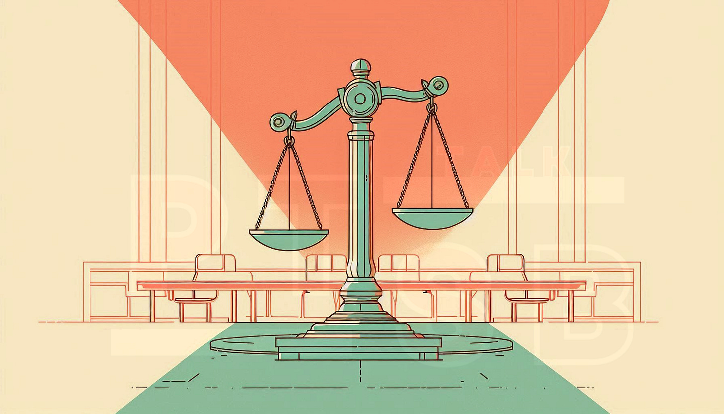 The Scale of Justice on a table in a large empty courtroom in a pastel green color in a minimal line art illustration style on a light orange and red background. 