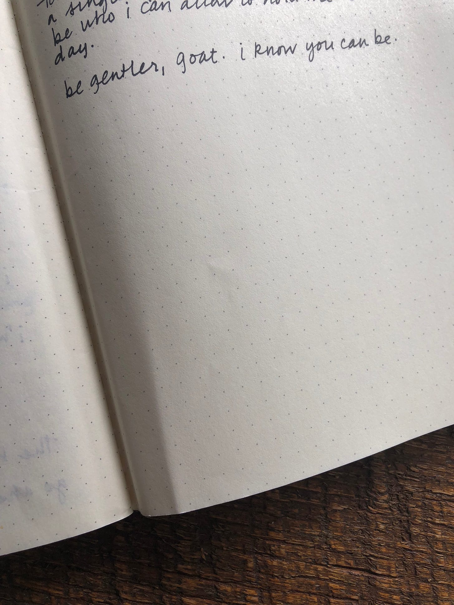 an open, half-empty dot grid notebook on a wooden surface with black script