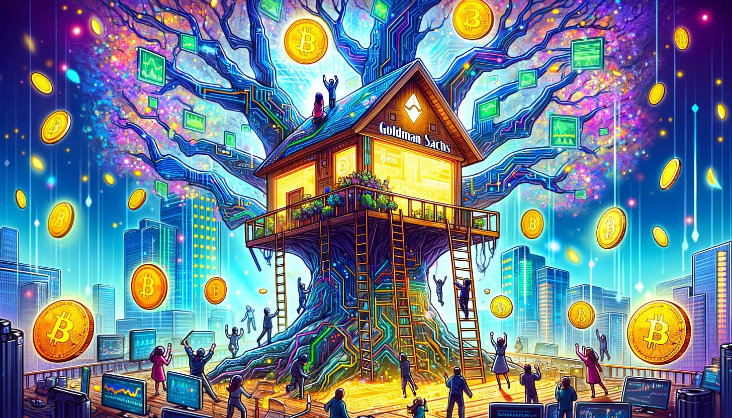 A vibrant and imaginative illustration showing Goldman Sachs' prediction of the crypto market in 2024, depicted as a whimsical treehouse club. The treehouse is nestled in a robust, futuristic tree made of digital circuits and cryptocurrency symbols, representing growth and innovation. Around the treehouse, diverse groups of enthusiastic people are climbing up ladders, eager to join. The scene is buzzing with energy and excitement, with digital coins floating around like leaves. The treehouse itself is adorned with high-tech gadgets and screens displaying crypto graphs and data. The setting is an inviting, communal space that symbolizes the crypto market's potential and appeal in 2024.