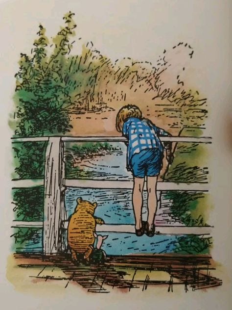 This may contain: an image of winnie the pooh and tigger looking out at water from a bridge