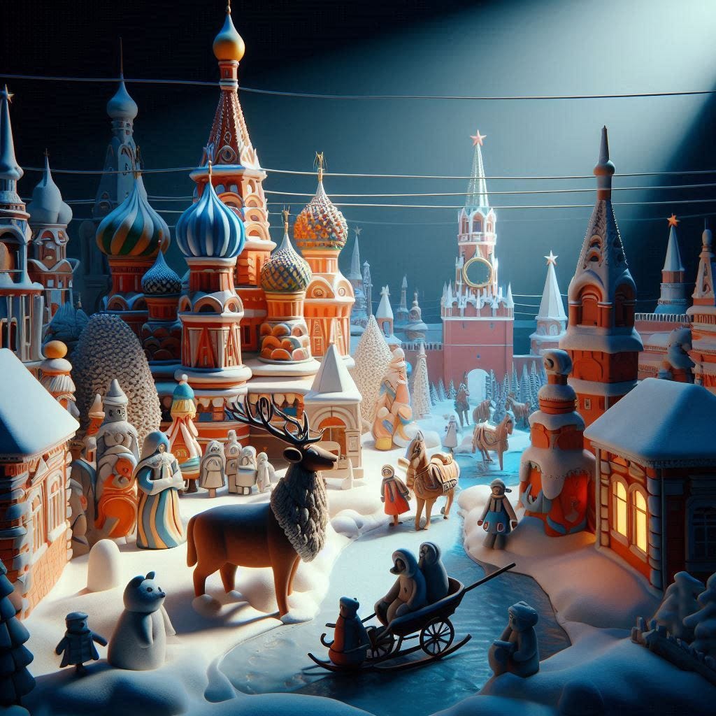 Russian cold climate - in Claymation  - Using bright colours - minimalist image - Smooth Image - with 3d Effects with light projecting from the top in a dark room