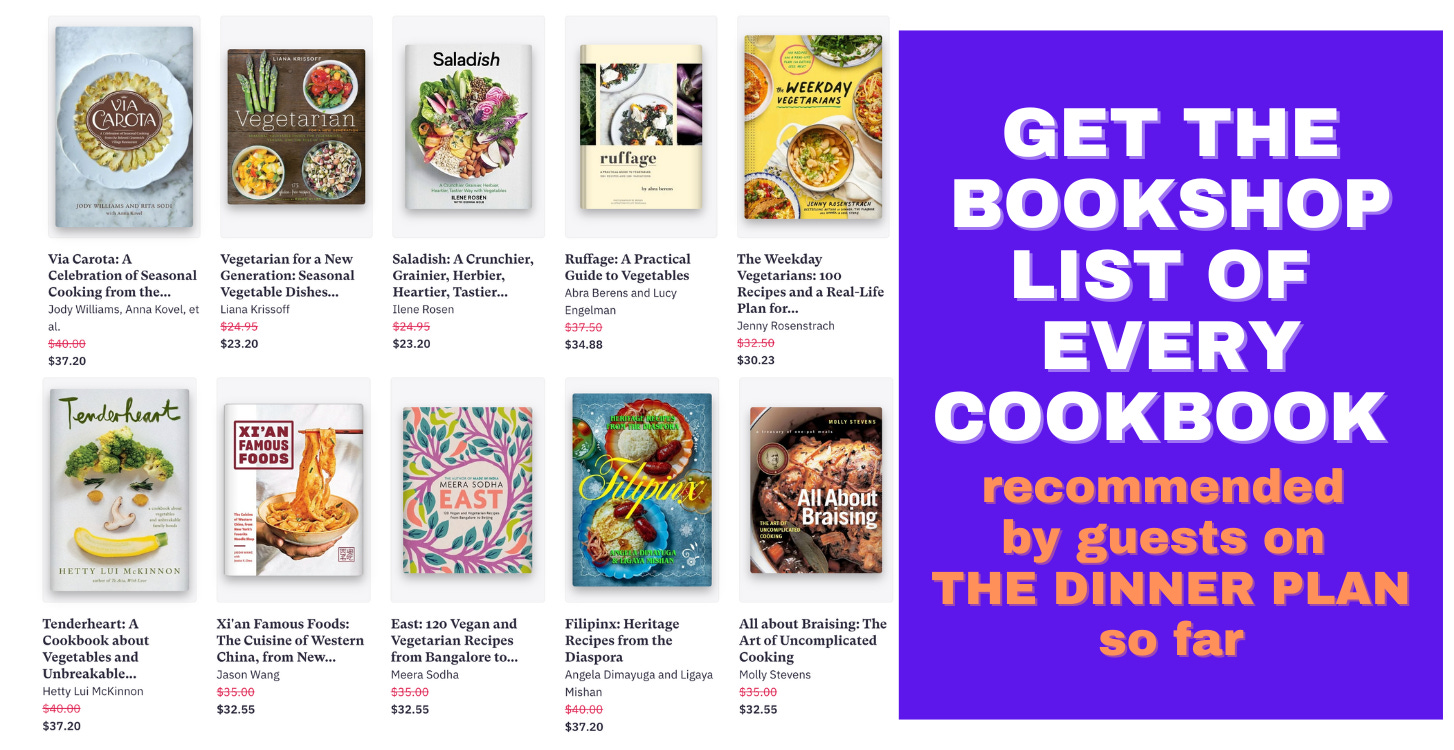 cookbooks from bookshop with GET THE BOOKSHOP LIST OF EVERY COOKBOOK recommended by guests on the dinner plan so far